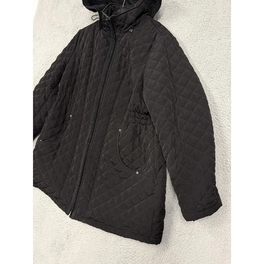 St. John's Bay Jacket Womens 1X Black Quilted Hooded Faux Fur Lined‎ Zip Pockets